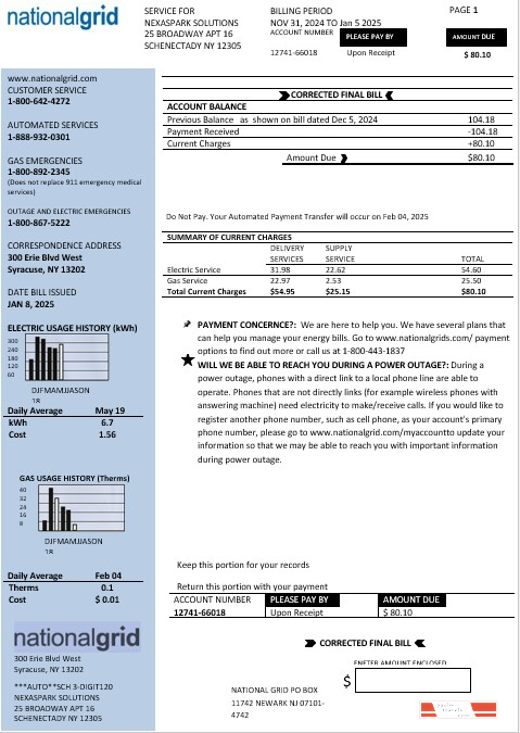 USA New York National Grid business utility bill template in Word and PDF formats